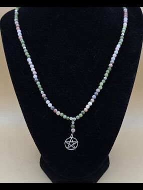 Green Jade, Plum Blossom Jasper and Stainless Steel Necklace Pentagram Pendant